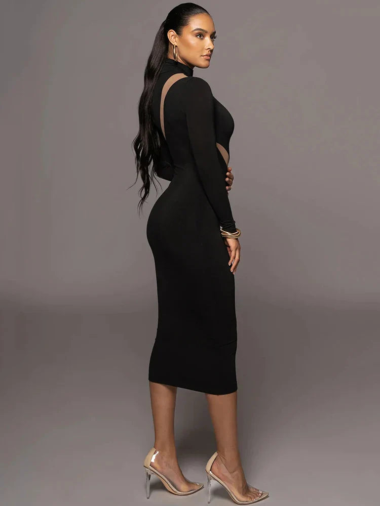 Autumn winter long sleeve half high collar elegant bodycon sexy maxi party club dress women side view