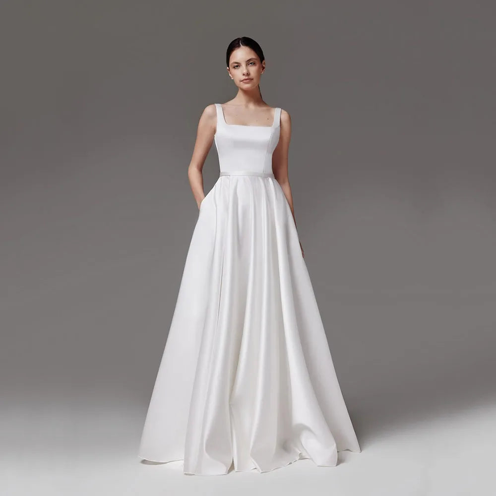 Elegant A Line Wedding Dresses Modern Princess Bridal Dress White Satin Backless Women Formal Wedding Gown Customized