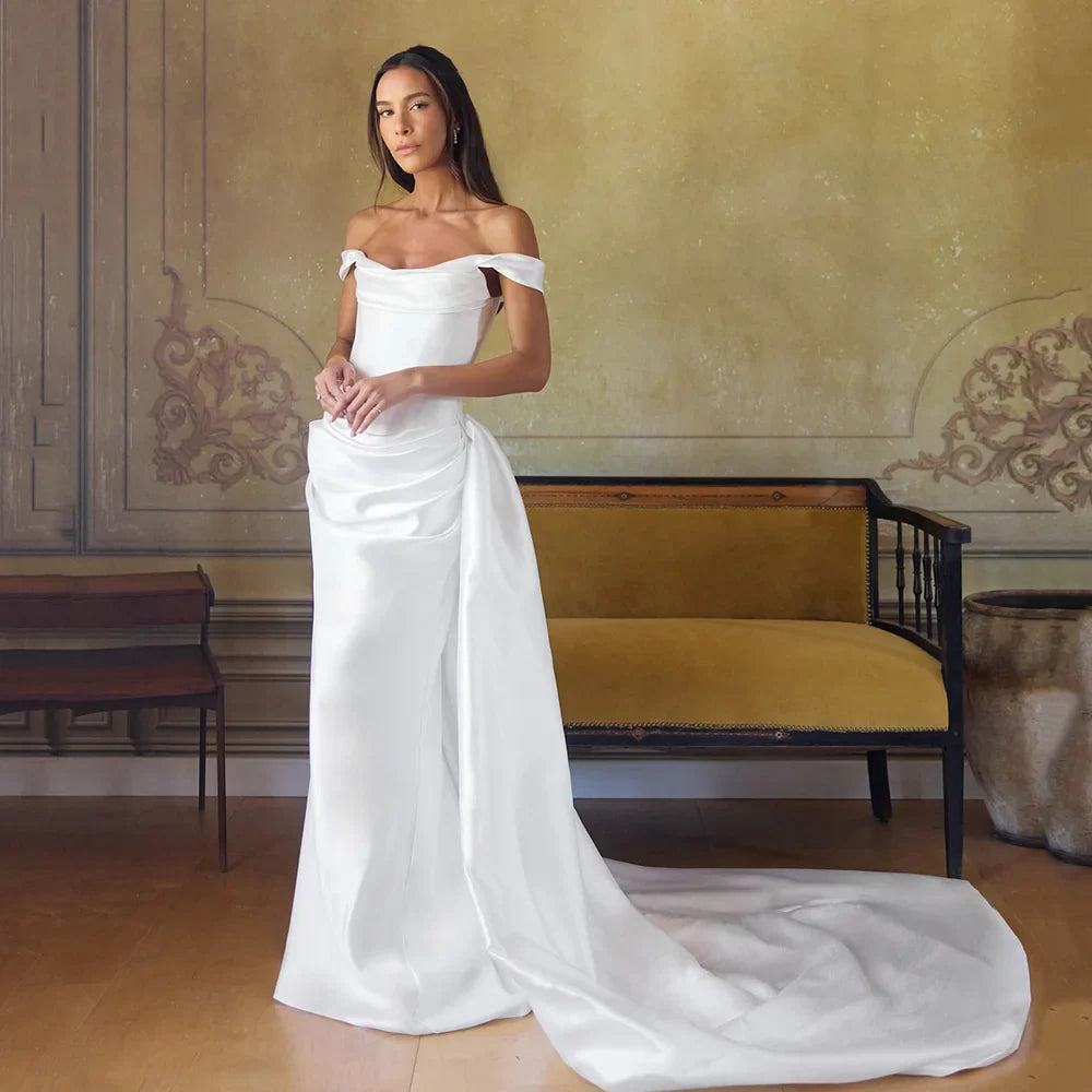 Luxury Mermaid Wedding Dresses Satin Off Shoulder Bridal Dress With Detachable Train Women Wedding Gowns Customized