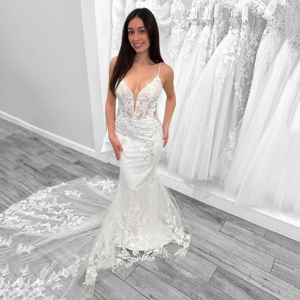 Luxury Mermaid Wedding Dress Customized 205 Lace Deep V Neck Bridal Gown Open Back Elegant Bride Dress With Long Train