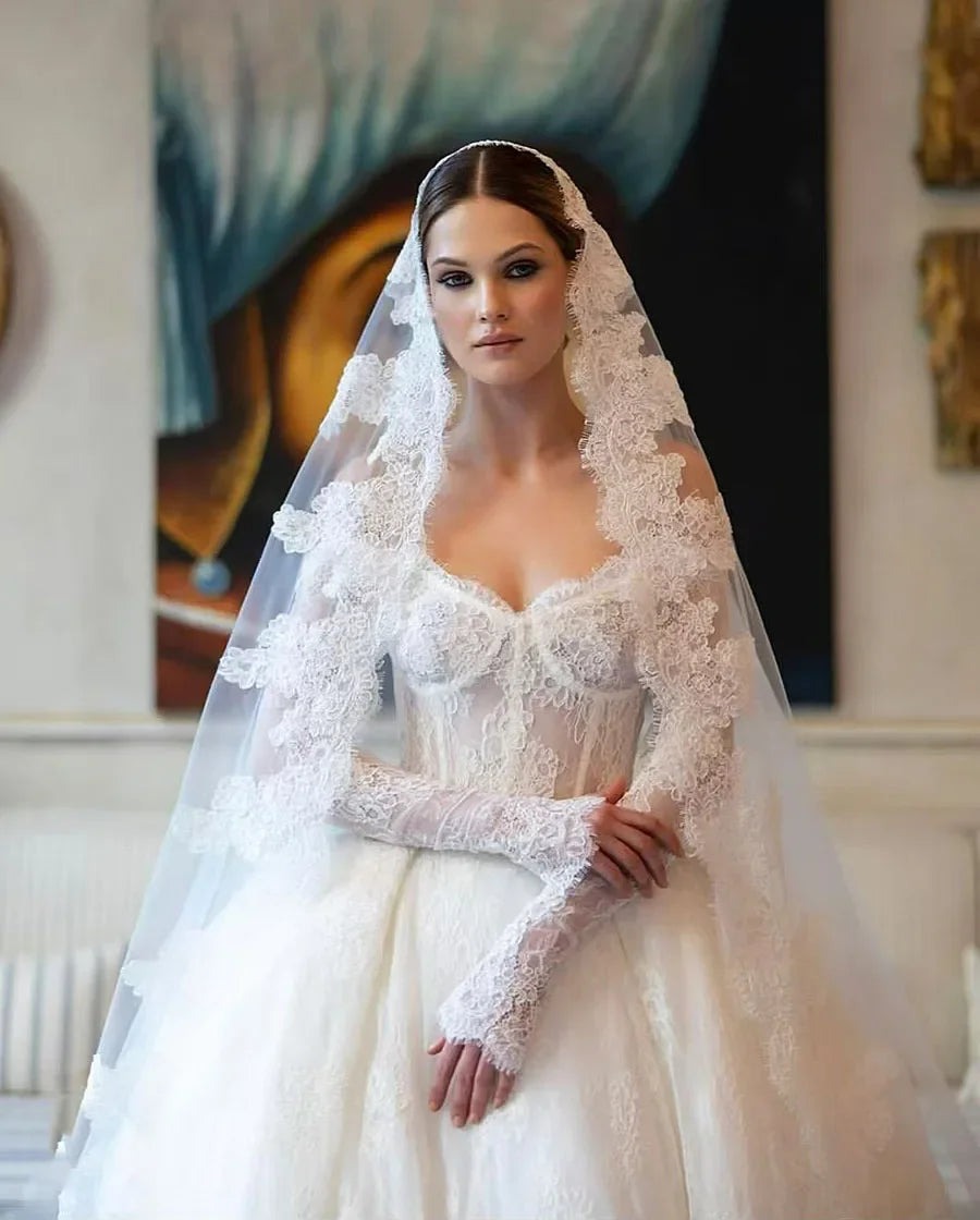 Ball gown wedding dress off-the-shoulder lace long sleeves bridal gown princess