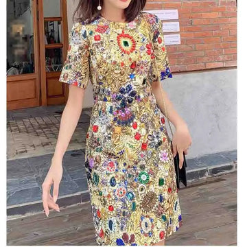 Women's Golden Print Luxury Diamonds Party Dress, Red Robe, Elegant Boho Dresses, Female Holiday Dresses, Designer Fashion