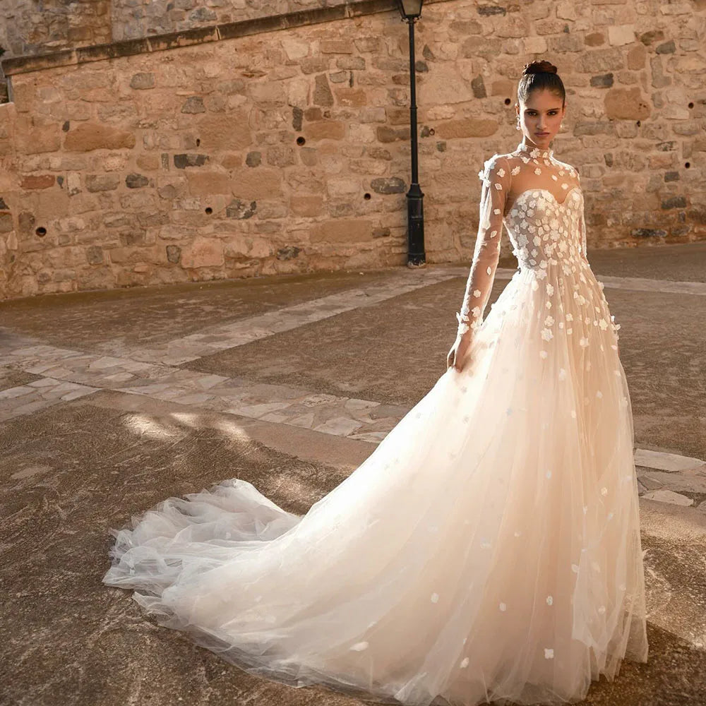 Boho Wedding Dresses High Neeck Illusion Long Sleeves Bride Dress Applique Princess Bridal Dress vestidos de novia Customized