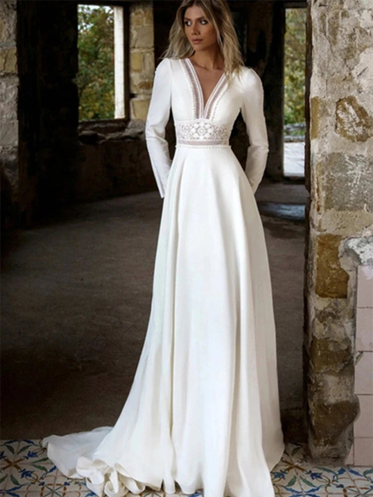 Bohemian V-Neck Simple Wedding Dresses for Woman Long Sleeves Lace Appliques A-Line Bridal Gowns ELegant Robe De Mariée