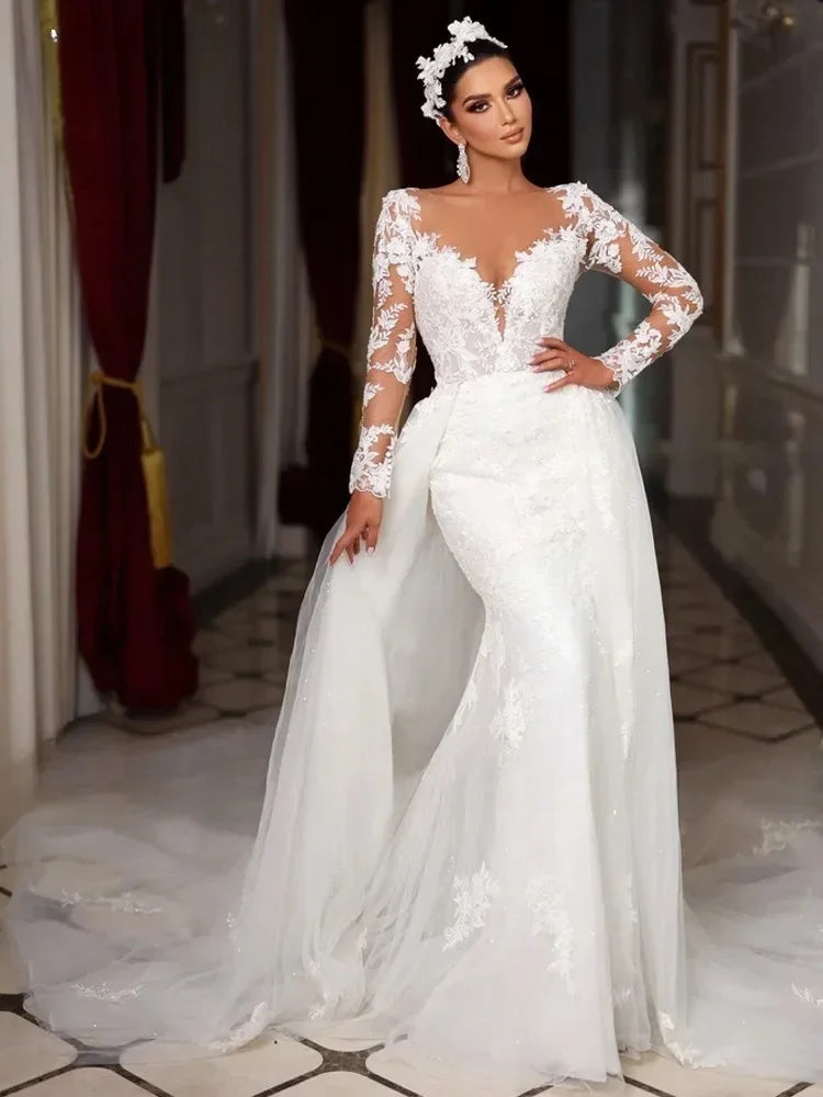 Mermaid wedding dress transparent neck long sleeve lace appliques detachable train bridal