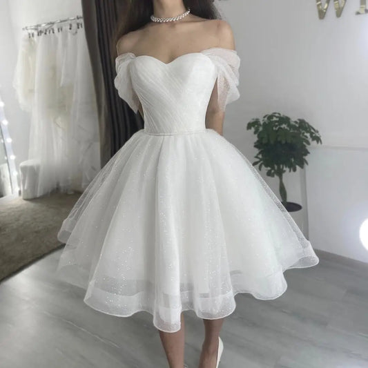 Short Sparkly Sweetheart Wedding Drezs Lace Up Back Off The Shoulder Knee Length For Women Customize To Measures Bridal Gowns