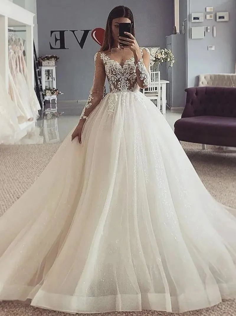 Classic A-line wedding dress sheer neck long sleeves lace appliques tulle princess boho garden bridal gown