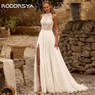 RODDRSYA 2026 Bohemian Wedding Dress Open Back Lace Halter Neck High Slit A Line Chiffon Bridal Dresses Customized vestido novia