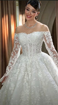 Off-shoulder bell sleeve 3D lace ball gown wedding dress – detail view – Snowy Bridal