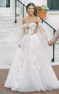 Elegant Sweep Train A-line Wedding Dress Modern Appliques Lace-up Sweetheart Neck Illusion Detachable SleevesBridal Gown