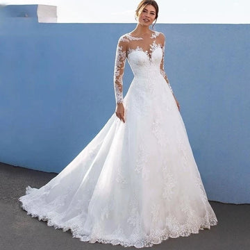 Scoop Neck Wedding Dresses 2025 Customized Long Sleeve Lace Appliques Vestido De Noiva Illusion Tulle Button Vestidos De Novia