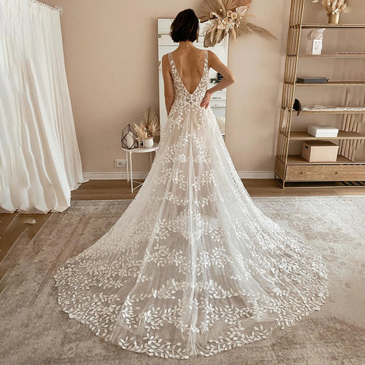 Removable Flutter Sleeves Leaf Embroidered Wedding Gowns Feminine Glitter Sequins Lace Backless V Neck Customized Bridal Dress