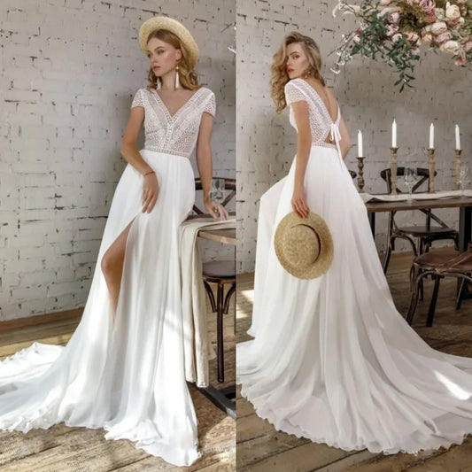 Elegant Princess Beach Garden Backless Wedding dress V-neck backless split bridal gown Bohemia A Line sweeping train robe