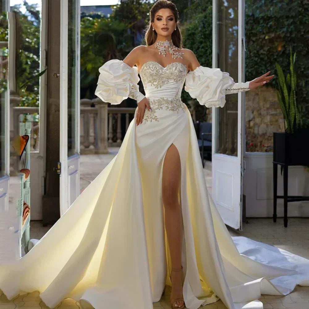 Ivory pleated mermaid removable bubble sleeve high slit princess bridal gown front view