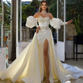 Ivory pleated mermaid removable bubble sleeve high slit princess bridal gown front view