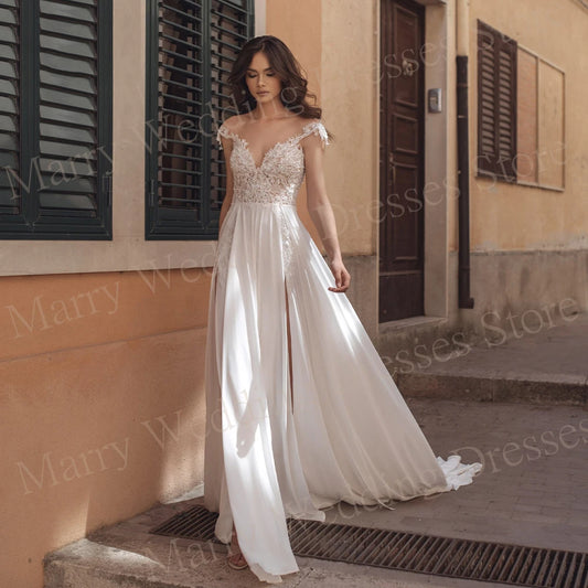 2024 Boho Graceful A Line Women's Wedding Dresses Charming Lace Appliques Bride Gowns Off The Shoulder Side Split Robe De Mariee