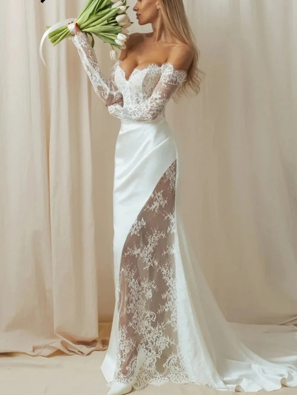 Split lace satin formal - side
