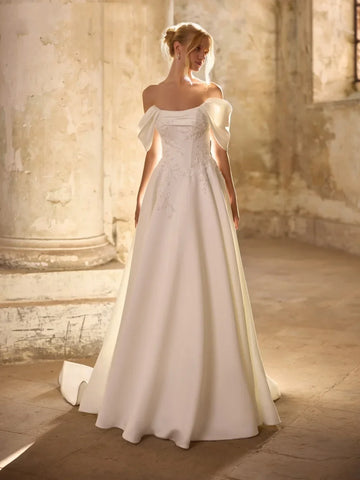 Customized Strapless A-line Beaded Satin Wedding Dress Off Shoulder Bridal Gown  Lace Applique Elegant Dresses Vestidos De Novia