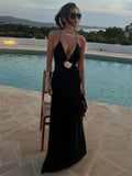 Backless sleeveless flower sheer deep V-neck sexy elegant long maxi evening club dress back view