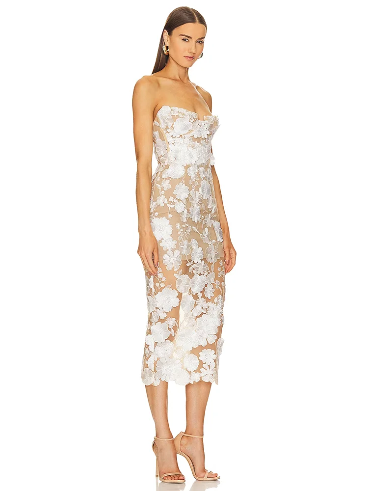 Slim white backless strapless 3D flower lace sleeveless elegant evening party club dress detail