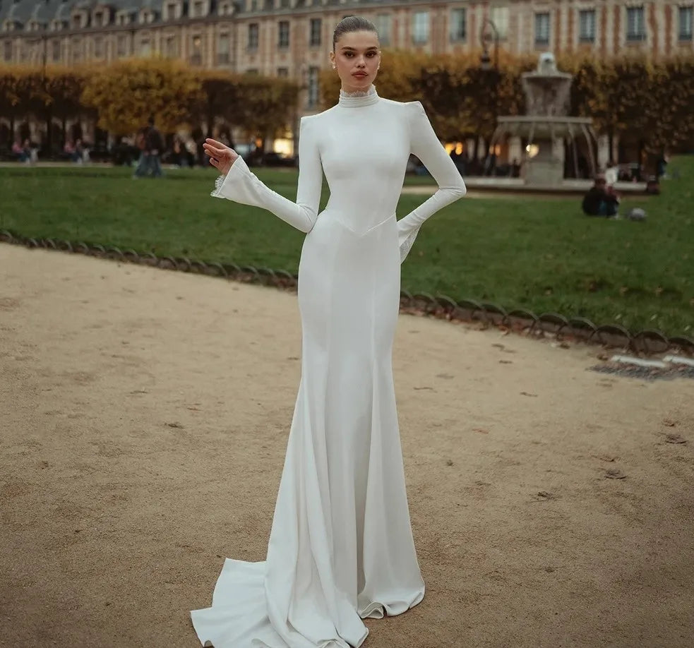 2026 simple modest mermaid wedding dress high neck long sleeves floor length lace bridal gown