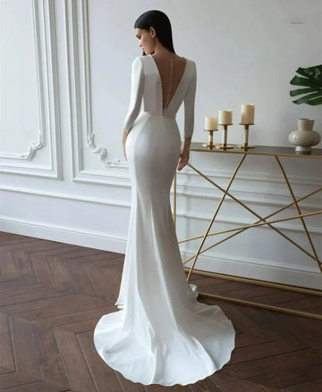 Simple Mermaid Wedding Dresses Sexy V-Neck Bridal Gowns Satin Sheath Dress Full Sleeves Train Illusion Back Vestidos De Novia