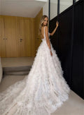 Luxury formal 3D flowers corset A-line side split sexy bridal wedding gown close-up