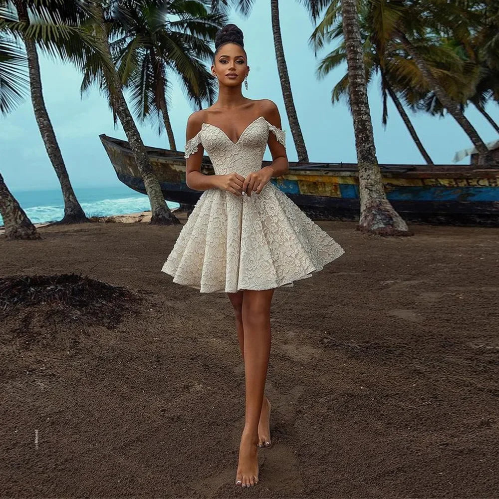 Sexy Unique Off the Shoulder Short Bridal Dresses Full Lace A Line Mini Wedding Dress Ruffles Skirt Bride Mini Cocktail Dress