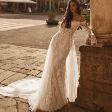Customized ivory white Long sleeves Wedding Dresses Off Shoulder Lace applique Detachable Tail Bridal Gowns Vestido De Novia