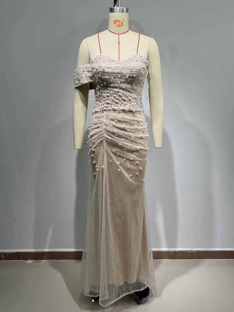 Women Luxury Sexy Off Shoulder Pearl Sequins Maxi Long Beige Gowns Dress Elegant Evening Party Club Dress Vestido