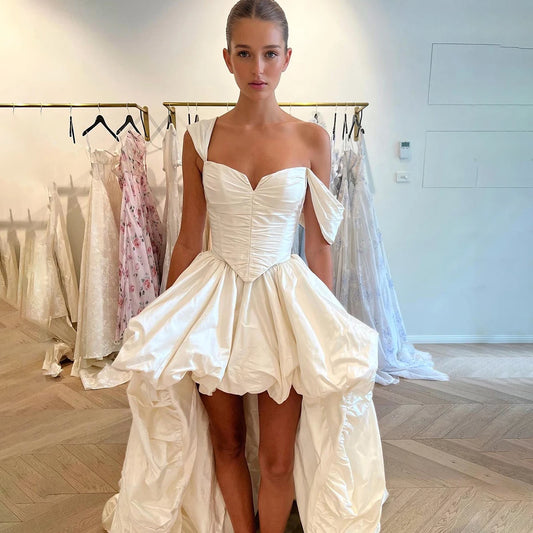 High Low Taffeta Corset Wedding Dress Off Shoulder Straps Sweetheart Neckline Pick-Ups Ruches Customized Modern Bridal Gowns