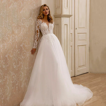 Boho Wedding Dress A-line Tulle Princess Wedding Bridal Dress Long Sleeve Lace Appliques Illusion Bohemia Bride Gown Customized