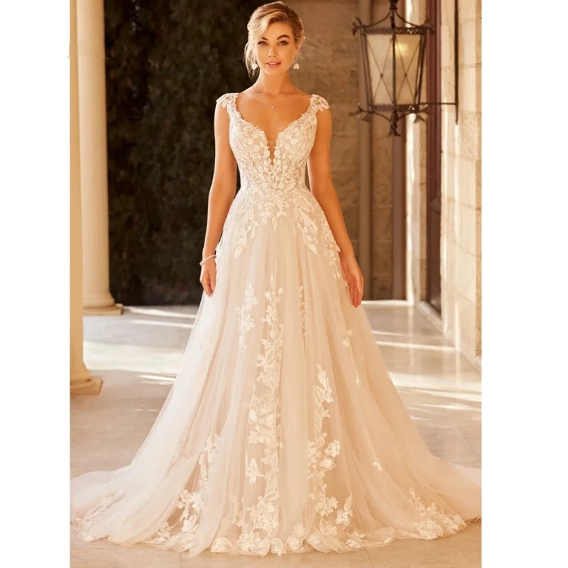 Elegant Wedding Dress For Women 2024 V-Neck Cap Sleeve Lace Appliques Vestidos De Novia With Button Sweep Train Custom Made