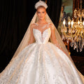 Long sleeve O-neck modest sparkly satin luxury ball gown long bride wedding dress side view