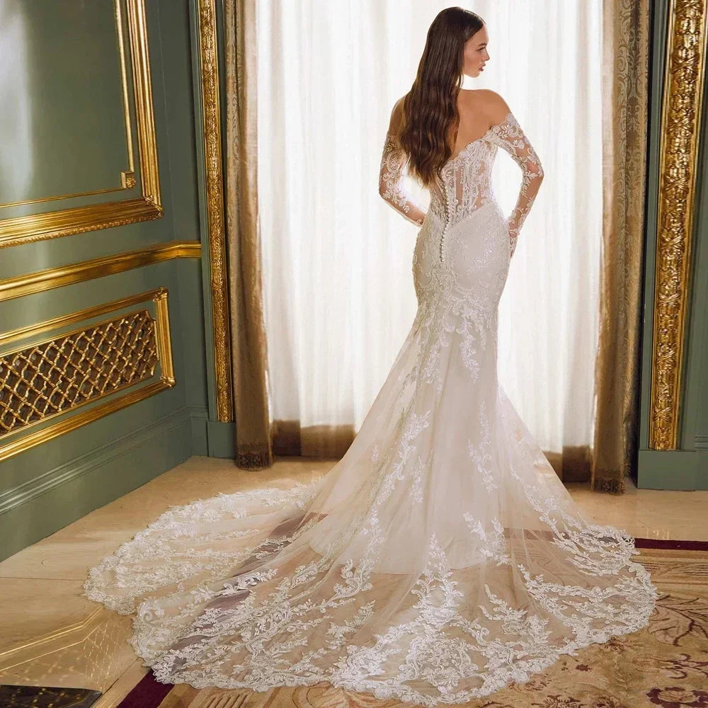Off shoulder mermaid wedding dress lace appliques sweetheart long sleeves princess bridal gown