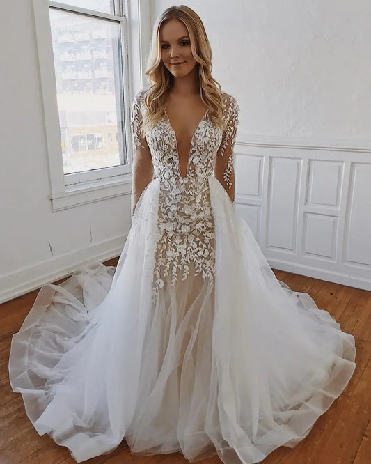 Fashion Mermaid Beach Wedding Dresses V-Neck Long Sleeves Bridal Gowns With Detachable Train Backless Boho Vestido De Novia