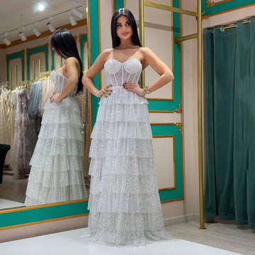 Customized Corset Sequin Tulle Prom Dress Shiny Long Evening Gown Elegant Layered Glitter Party Outfit Graduation Dress