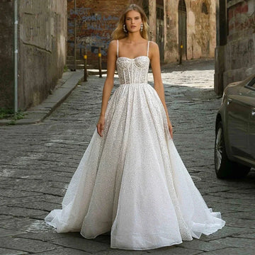 Customized Spaghetti Straps Wedding Dresses For Women Simple A Line Sparkling Tulle Backless Bridal Gown Vestidos De Novia