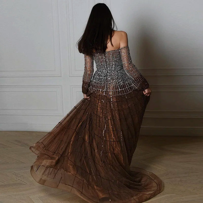 Luxury Dubai Brown Off Shoulder Evening Dresses Long Sleeve Elegant Arabic Women Wedding Party Dress Prom Gown SS022
