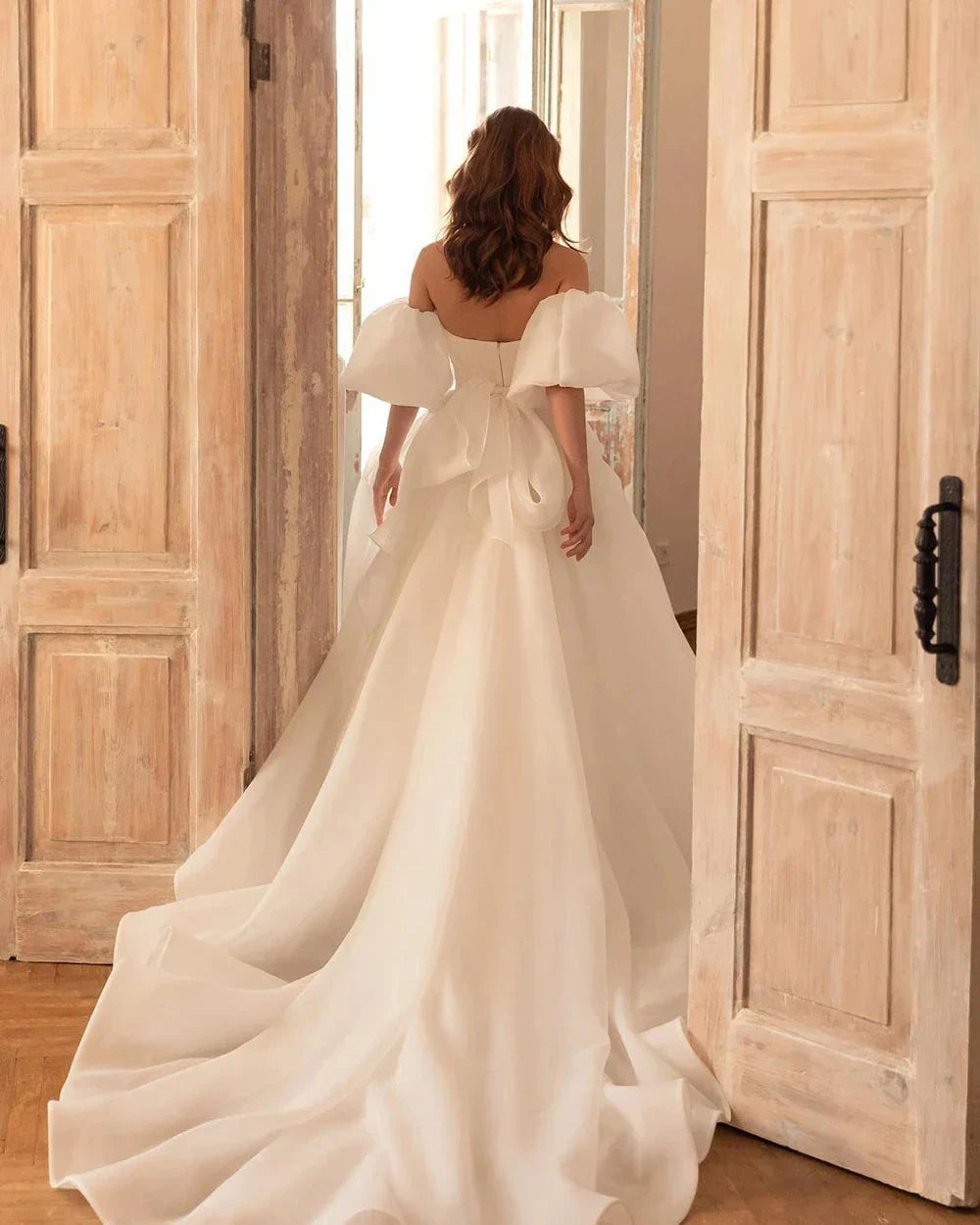 Simple charming off-shoulder puff sleeves sweetheart A-line backless wedding dress bridal gown