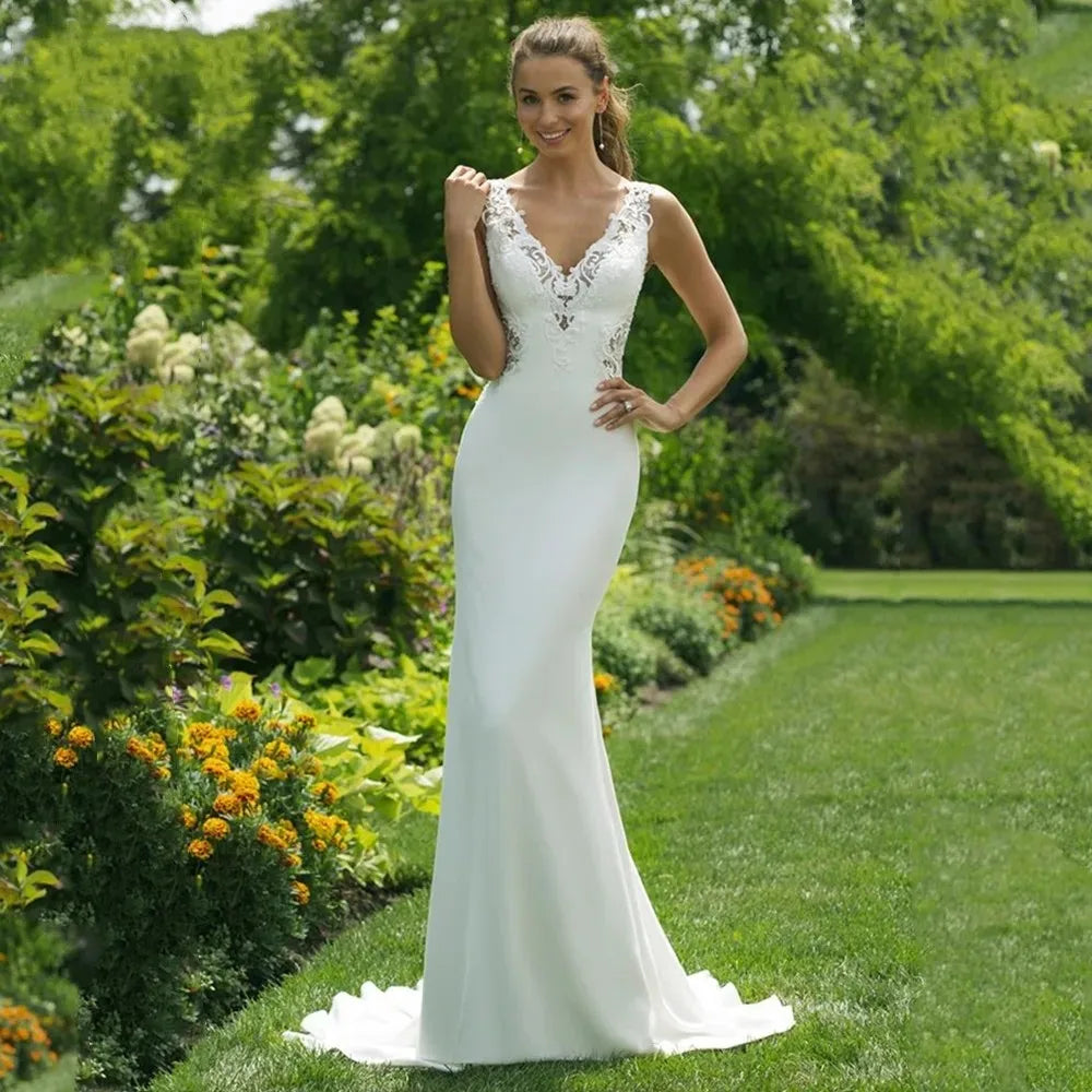 Sexy boho V-neck backless lace appliques mermaid beach wedding dress garden bridal gown