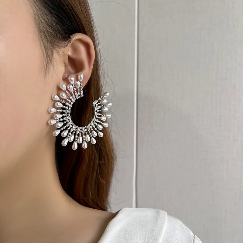 High Quality Zircon Bridal Earrings Big Pearl Zirconia - worn view