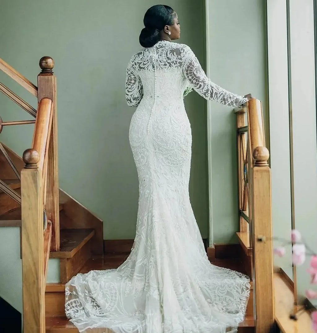 African Plus Size Mermaid Wedding Dress Bridal Gowns for Bride Illusion Detachable Train Long Sleeves Beaded Lace Crystals