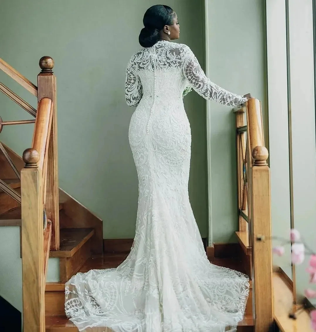 African Plus Size Mermaid Wedding Dress Bridal Gowns for Bride Illusion Detachable Train Long Sleeves Beaded Lace Crystals