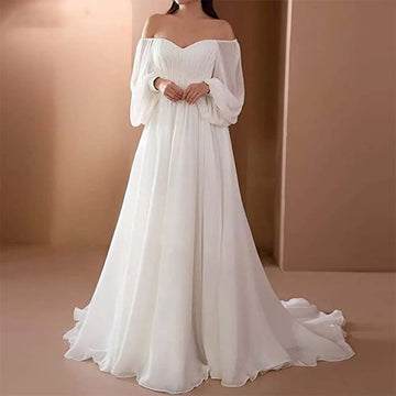 Simple strapless wedding dress puff sleeves backless chiffon court train elegant bridal gown