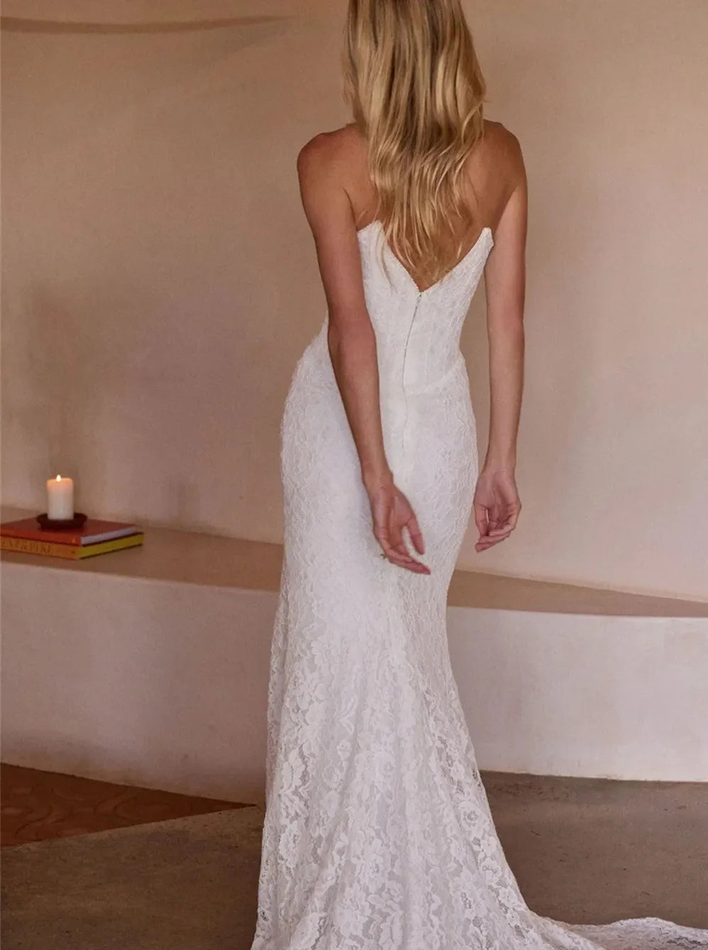 Exquisite strapless lace flower wedding dress side split backless mermaid floor-length princess bridal gown