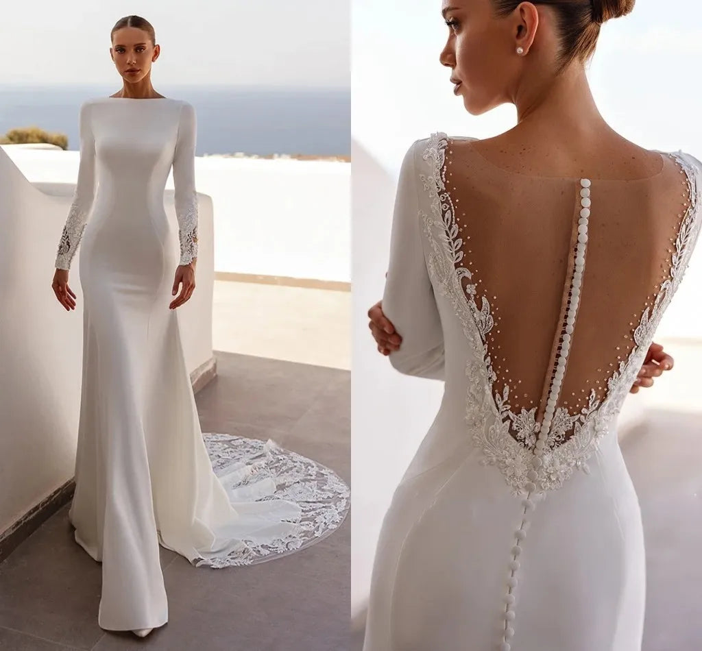 Luxury Mermaid Wedding Dress 2026 Boat Neck Long Sleeves Illusion Back Buttons Sequined Lace Applique Bride Bridal Gowns