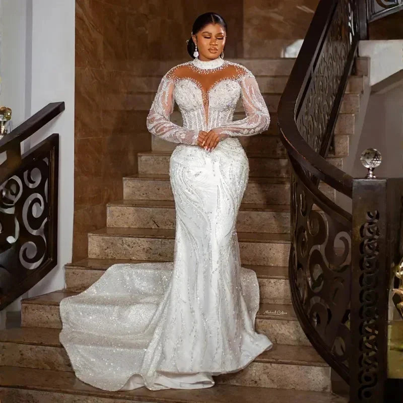 Plus size Aso Ebi mermaid wedding dress 2026 high neck African black women lace illusion long sleeves