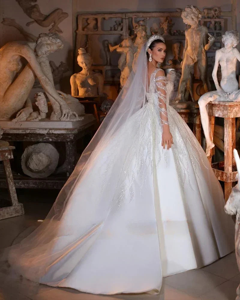 Customized Elegant Satin Wedding Dresses with Illusion Long Sleeves Beaded Appliques Bridal Gown For Women Vestidos De Noiva