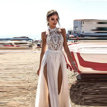 Customized Beach Wedding Dress Boho Bride Gown Sexy High Side Slit Halter Lace Top Chiffon Skirt Long Backless Bridal Dresses